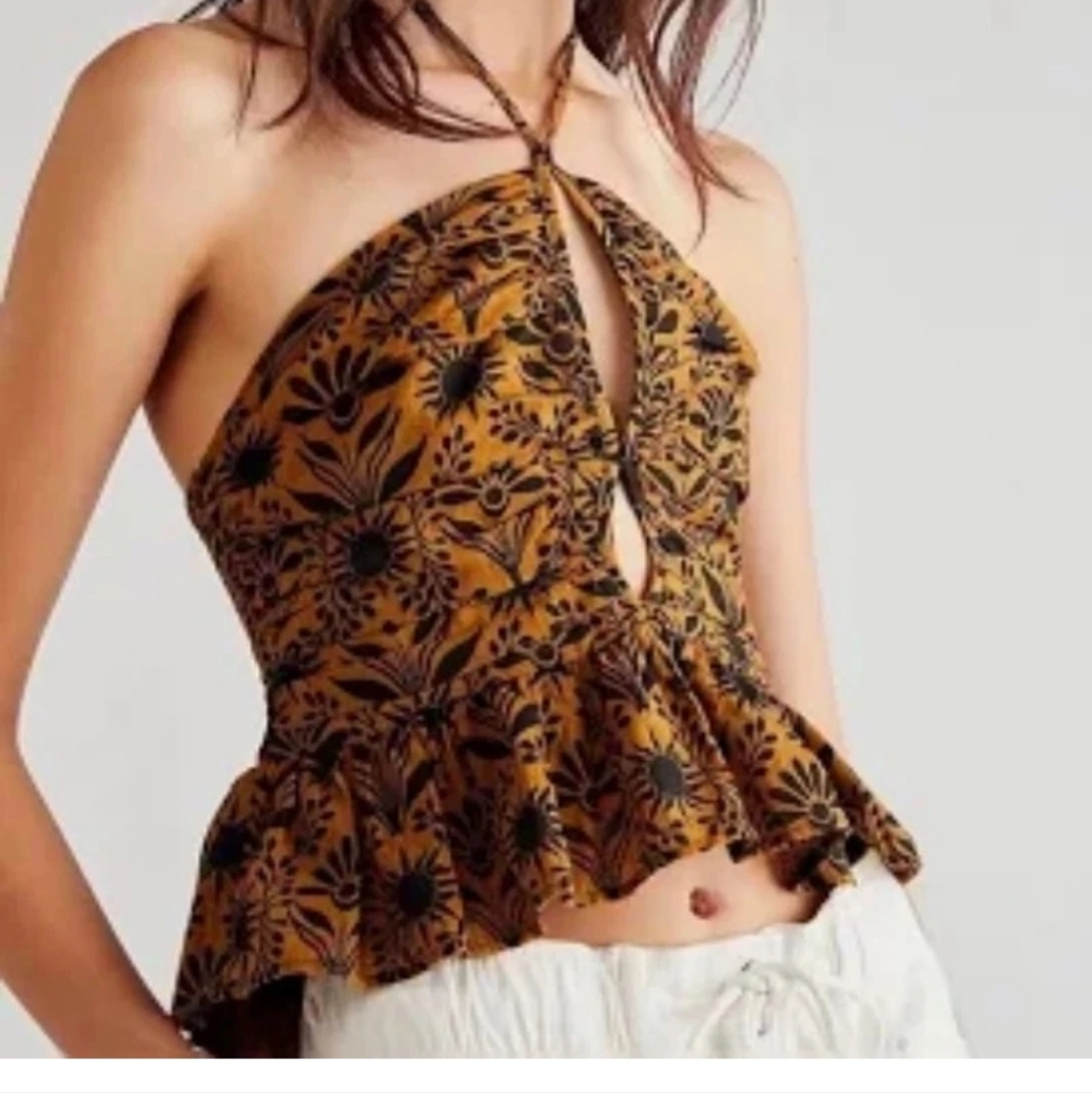 FREE PEOPLE Floral Halter Top in Brown and Black Sz/Xs